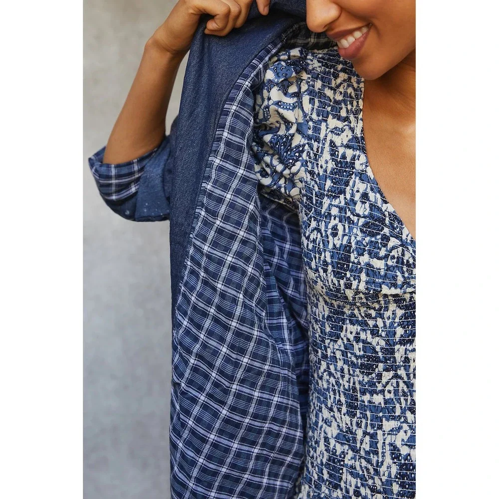 Anthropologie Pilcro Quilted Denim Spattered Oversized Boxy Kimono Jacket NWT XS